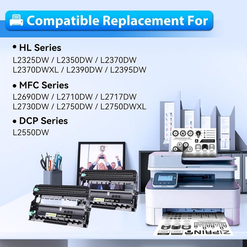 ZIPRINT 2-Pack Dr730 Drum Unit Replacement for Brother DR-730 DR 730 for MFC-L2710DW MFC-L2750DW MFC-L2730DW MFC-L2750DWXL DCP-L2550DW HL-L2370DW HL-L2350DW HL-L2395DW Printer, 12000 Pages Yield - Image 2
